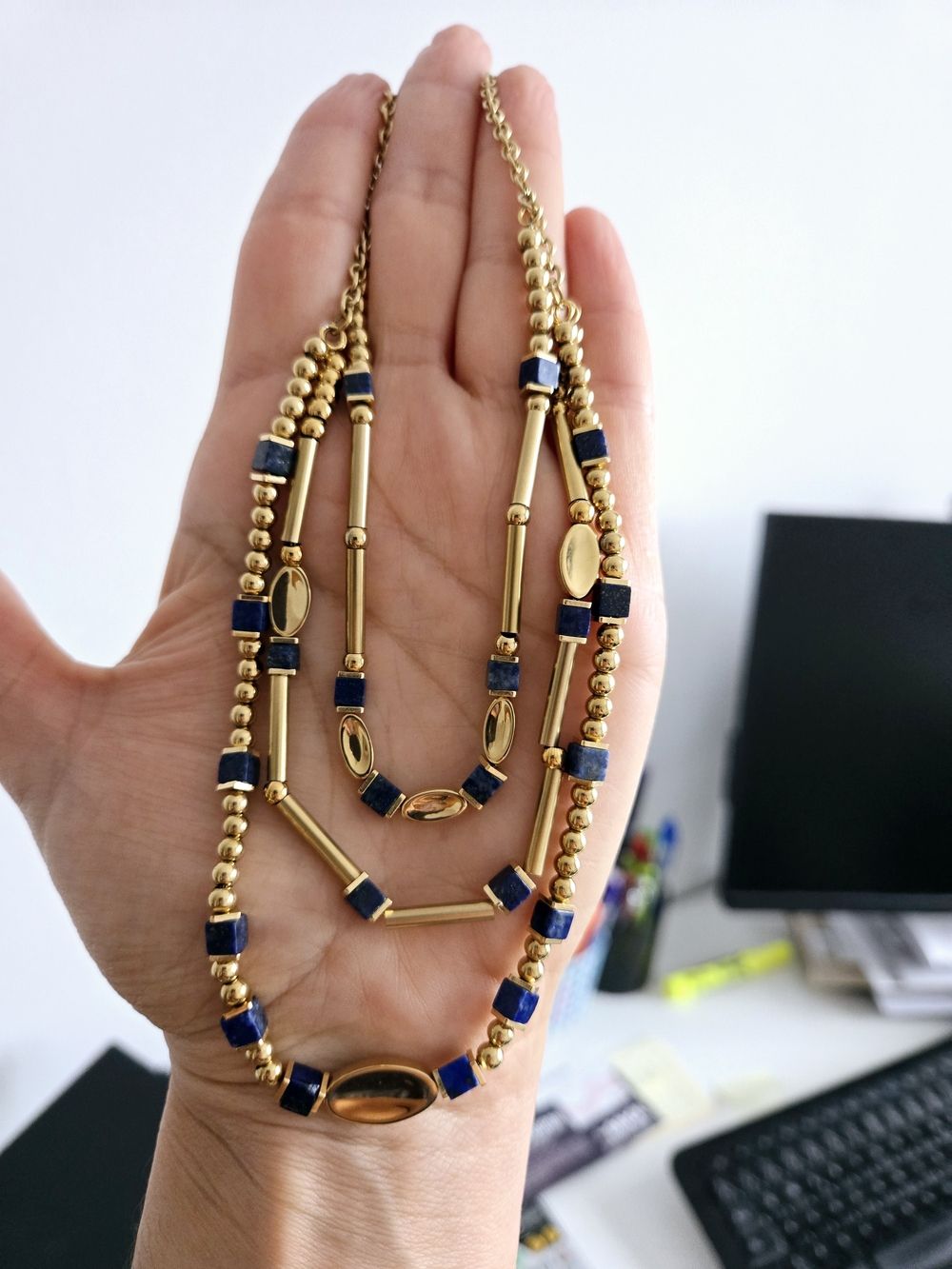 Gold-tone Necklace with Navy Blue Accent Beads - Elegant Layered Style